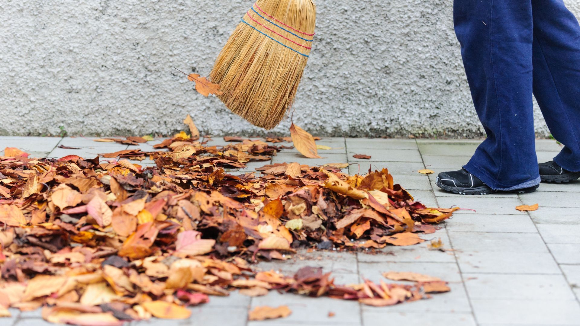 Laubkehrer Nasses Laub wird vom Gehsteig gefegt