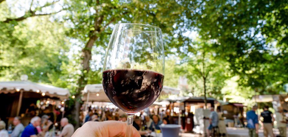 Weinglas mit Rotwein, im Hintergrund Alter Kurpark