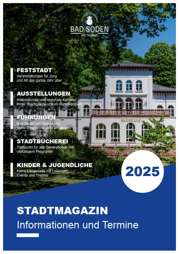Titelseite des Stadtmagazins 2025 Die Titelseite zeigt ein Bild des Badehauses und eine Inhaltsangabe